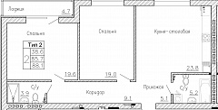 2-комнатную квартиру №59, 88,1 кв. м, на ул Генерала Круковского, 4, первый этаж